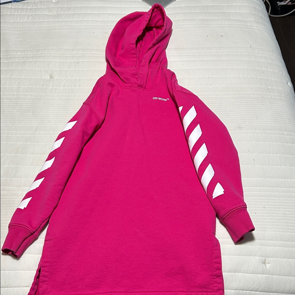 Off-White Fuchsia Hoodie Dress with White Stripes